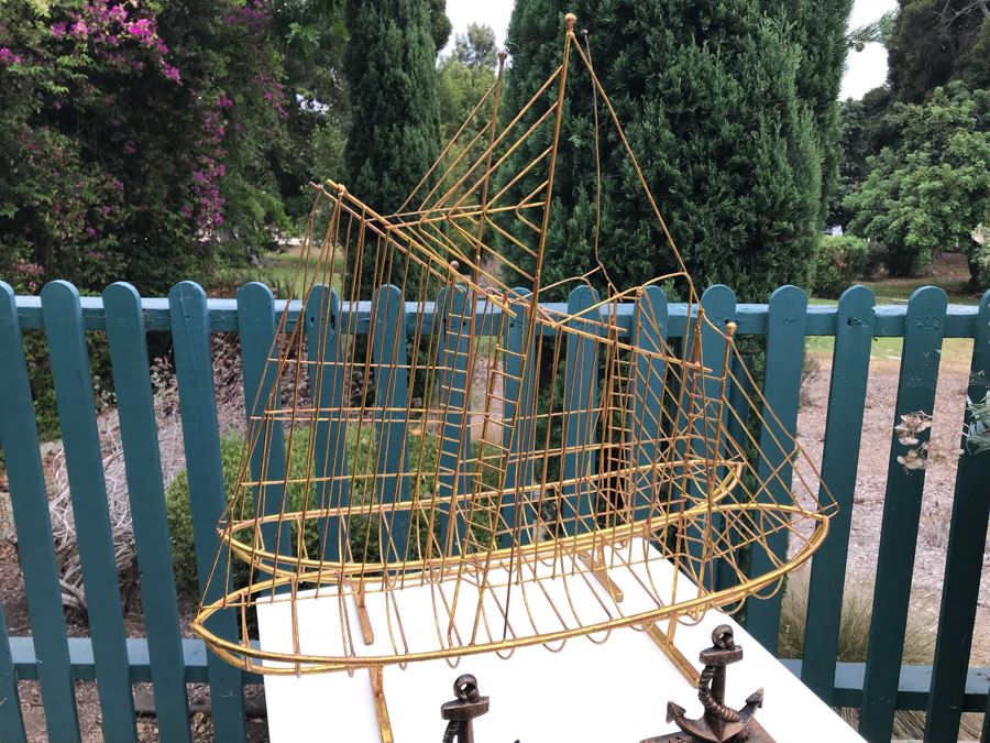 JUST ADDED - Pair Of Vintage Gold Tone Wall Mountable Wire Sculpture Sailing Ships And Pair Of Ship's Anchor Hooks [Photo 6]