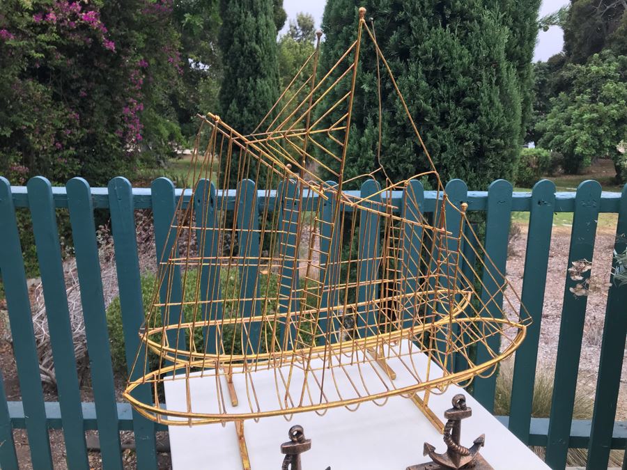 JUST ADDED - Pair Of Vintage Gold Tone Wall Mountable Wire Sculpture Sailing Ships And Pair Of Ship's Anchor Hooks [Photo 7]