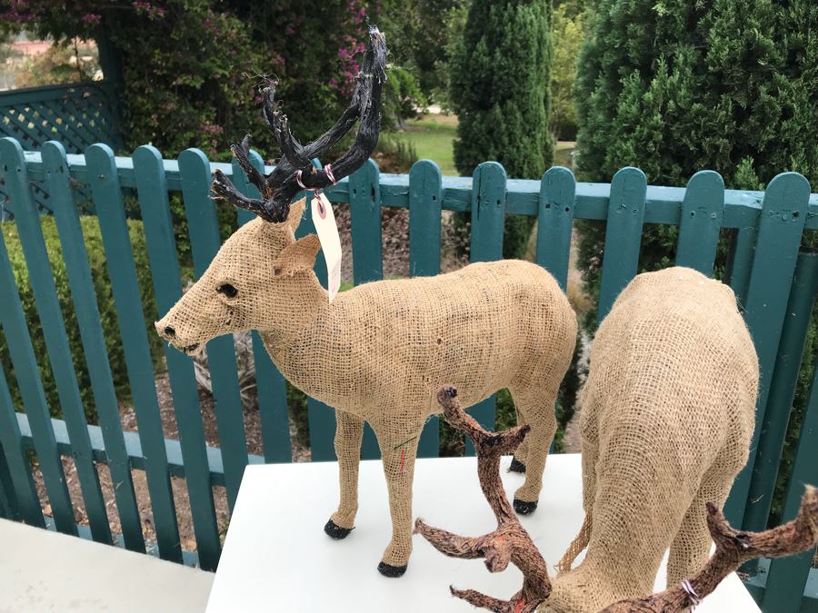 JUST ADDED - Vintage 16' Plastic Santa Claus With Pair Of Burlap Stag Reindeer Retails $250 [Photo 10]