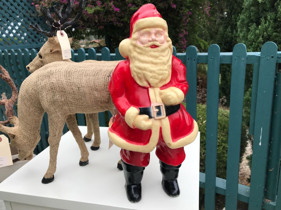JUST ADDED - Vintage 16' Plastic Santa Claus With Pair Of Burlap Stag Reindeer Retails $250 [Photo 2]