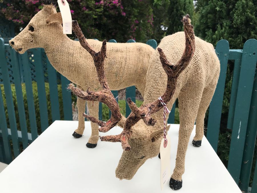 JUST ADDED - Vintage 16' Plastic Santa Claus With Pair Of Burlap Stag Reindeer Retails $250 [Photo 8]