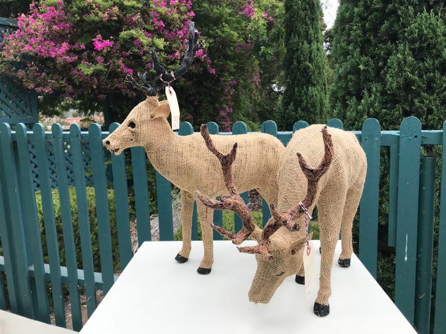 JUST ADDED - Vintage 16' Plastic Santa Claus With Pair Of Burlap Stag Reindeer Retails $250 [Photo 7]