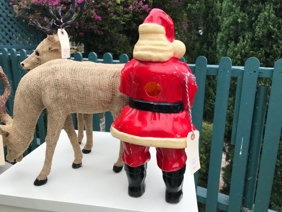 JUST ADDED - Vintage 16' Plastic Santa Claus With Pair Of Burlap Stag Reindeer Retails $250 [Photo 4]