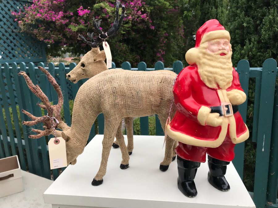 JUST ADDED - Vintage 16' Plastic Santa Claus With Pair Of Burlap Stag Reindeer Retails $250 [Photo 1]