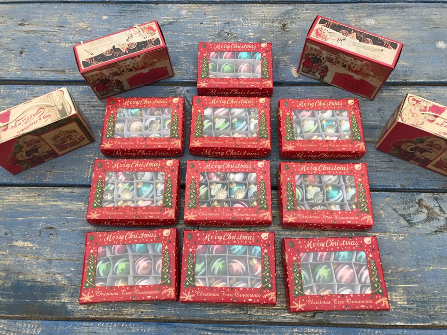 JUST ADDED - (10) NEW Boxes Of Miniature Christmas Tree Ornaments And (4) Christmas Gift Boxes