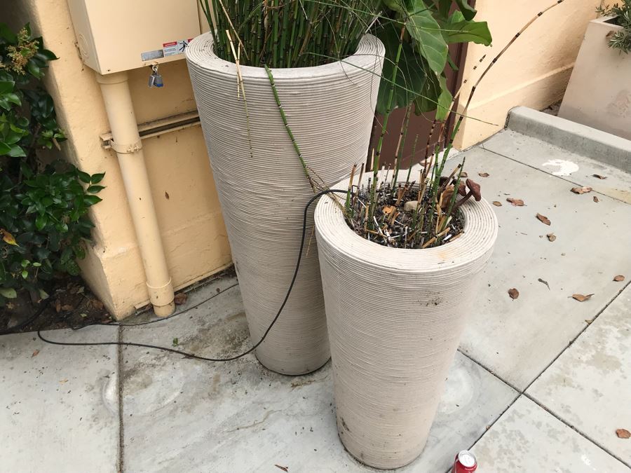 JUST ADDED - Pair Of Large Tapered Round Outdoor Planters With Bamboo Plants - Large Pot Is 4'H And Apx 8'H With Bamboo - WILL Require Professional Delivery Due To Extreme Weight And Size [Photo 3]