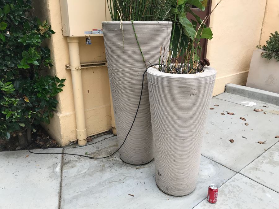JUST ADDED - Pair Of Large Tapered Round Outdoor Planters With Bamboo Plants - Large Pot Is 4'H And Apx 8'H With Bamboo - WILL Require Professional Delivery Due To Extreme Weight And Size [Photo 2]