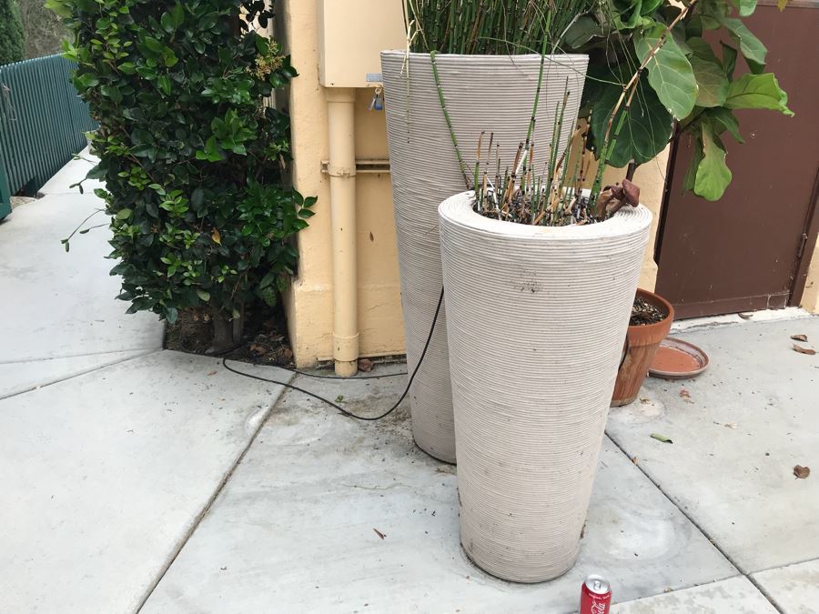 JUST ADDED - Pair Of Large Tapered Round Outdoor Planters With Bamboo Plants - Large Pot Is 4'H And Apx 8'H With Bamboo - WILL Require Professional Delivery Due To Extreme Weight And Size [Photo 7]