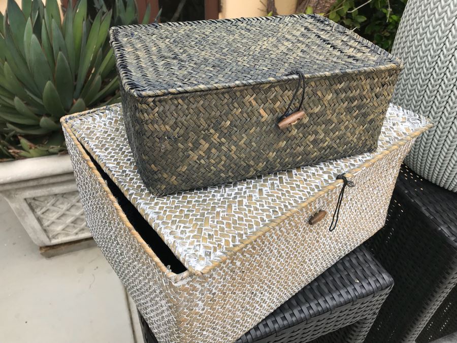 Pair Of Harmonia Living Woven Vinyl Bar Stools, White Round Plastic Side Table And Pair Of Woven Baskets [Photo 5]