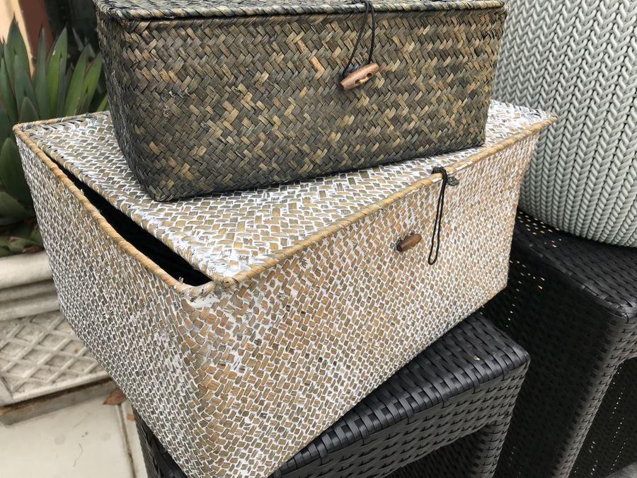 Pair Of Harmonia Living Woven Vinyl Bar Stools, White Round Plastic Side Table And Pair Of Woven Baskets [Photo 6]