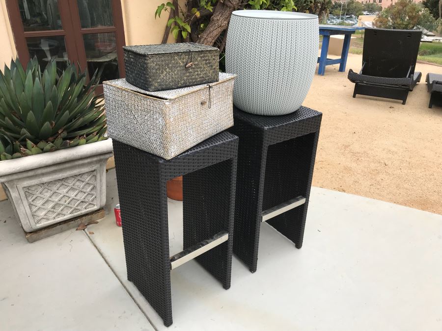Pair Of Harmonia Living Woven Vinyl Bar Stools, White Round Plastic Side Table And Pair Of Woven Baskets [Photo 3]