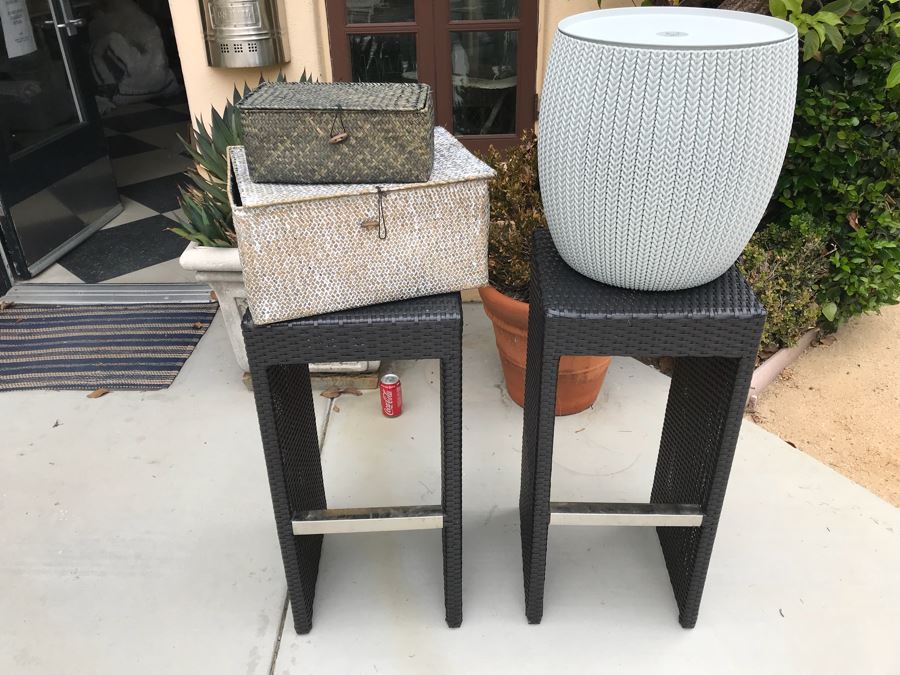 Pair Of Harmonia Living Woven Vinyl Bar Stools, White Round Plastic Side Table And Pair Of Woven Baskets [Photo 1]