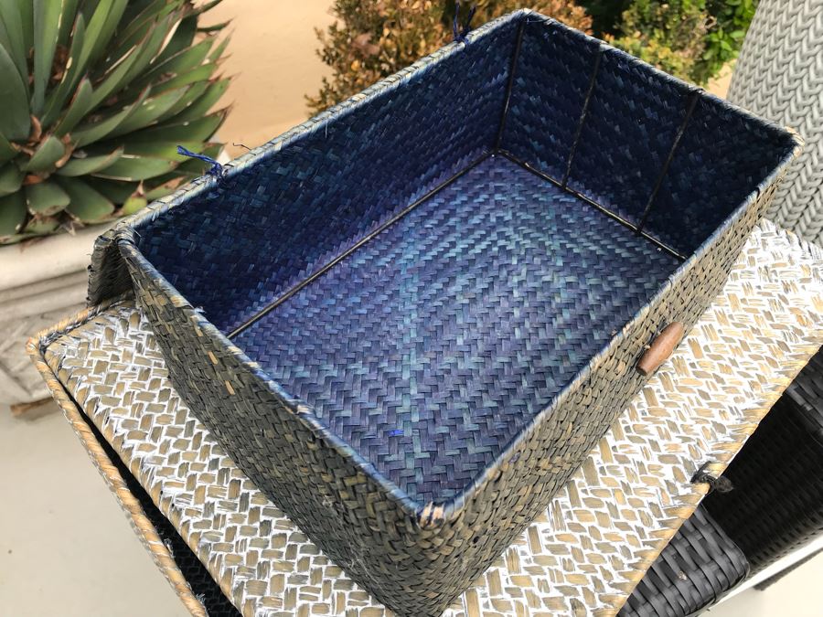 Pair Of Harmonia Living Woven Vinyl Bar Stools, White Round Plastic Side Table And Pair Of Woven Baskets [Photo 7]