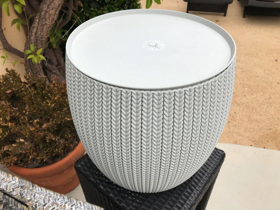 Pair Of Harmonia Living Woven Vinyl Bar Stools, White Round Plastic Side Table And Pair Of Woven Baskets [Photo 9]