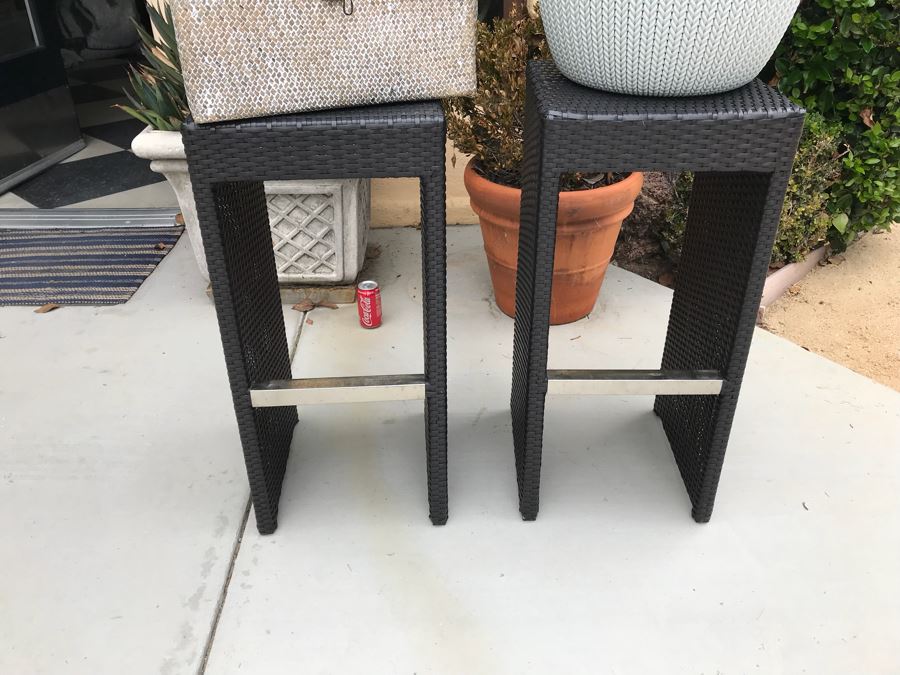 Pair Of Harmonia Living Woven Vinyl Bar Stools, White Round Plastic Side Table And Pair Of Woven Baskets [Photo 2]
