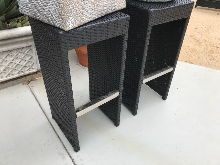 Pair Of Harmonia Living Woven Vinyl Bar Stools, White Round Plastic Side Table And Pair Of Woven Baskets [Photo 4]