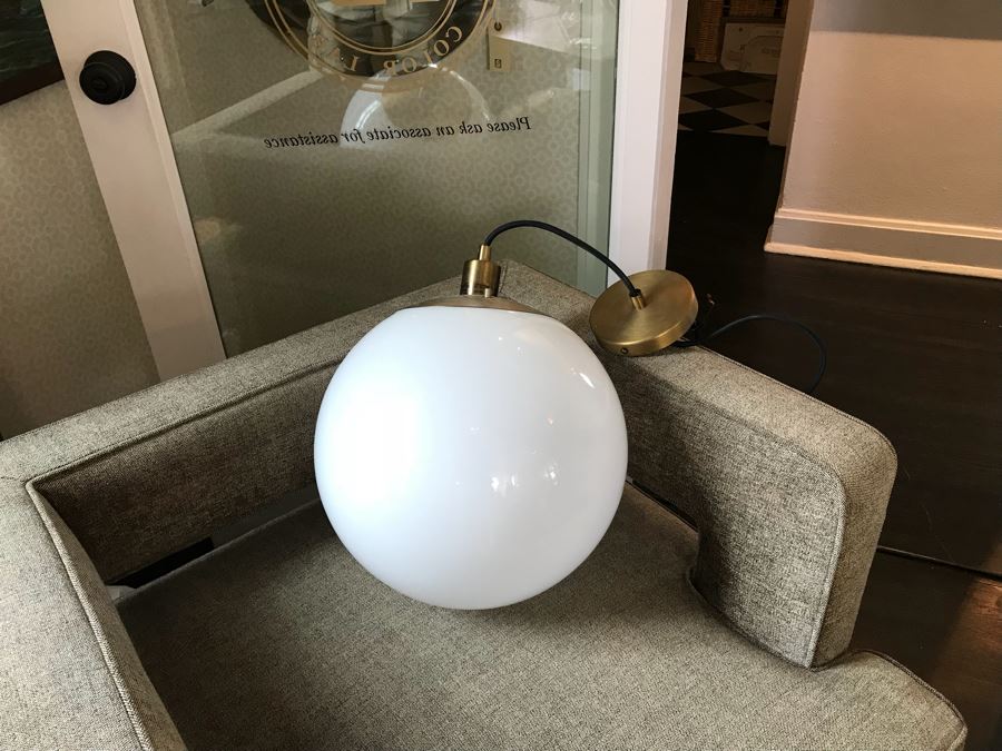 JUST ADDED - White Glass Globe Brass Pendant Light Fixture [Photo 1]