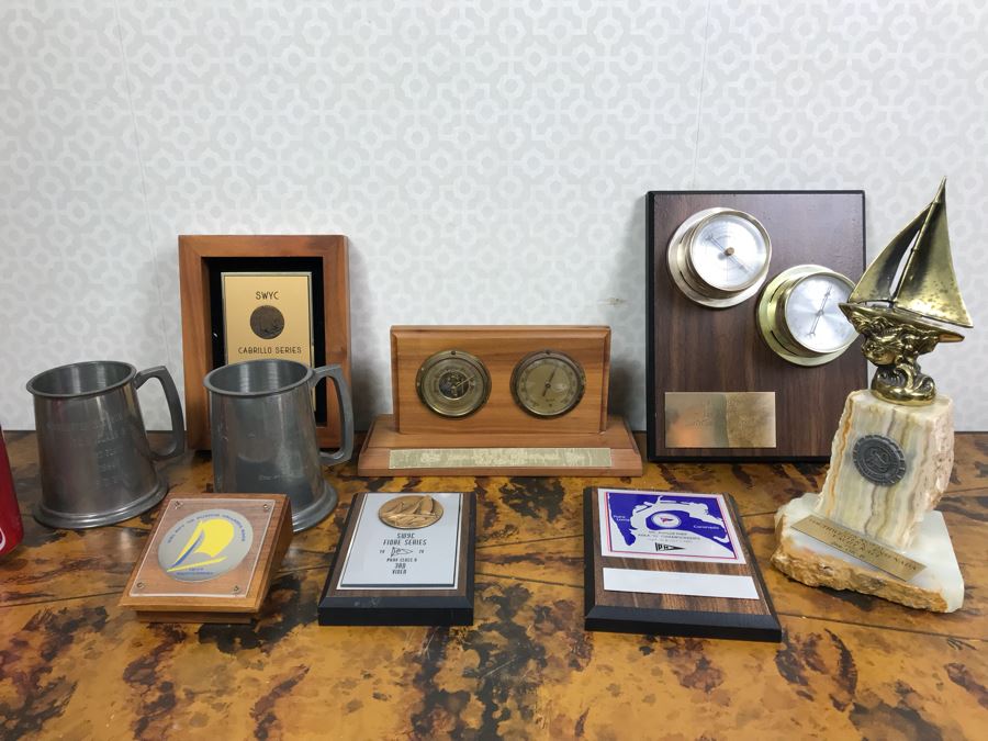 JUST ADDED - Collection Of Various Sailing Trophies (2) With Barometer And Thermometer [Photo 1]