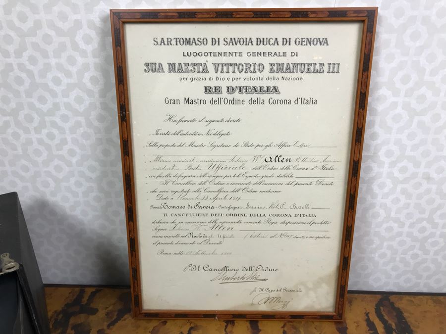 JUST ADDED - Vintage Polaroid G.E. Exposure Light Meter With Box, Vintage Kodak No. 2-C Brownie Camera Model A And Antique 1919 Framed Italian Hand Signed Document In Vintage Wooden Inlay Frame [Photo 6]