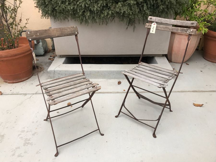JUST ADDED - Pair Of Vintage Wood And Metal Folding Chairs [Photo 1]