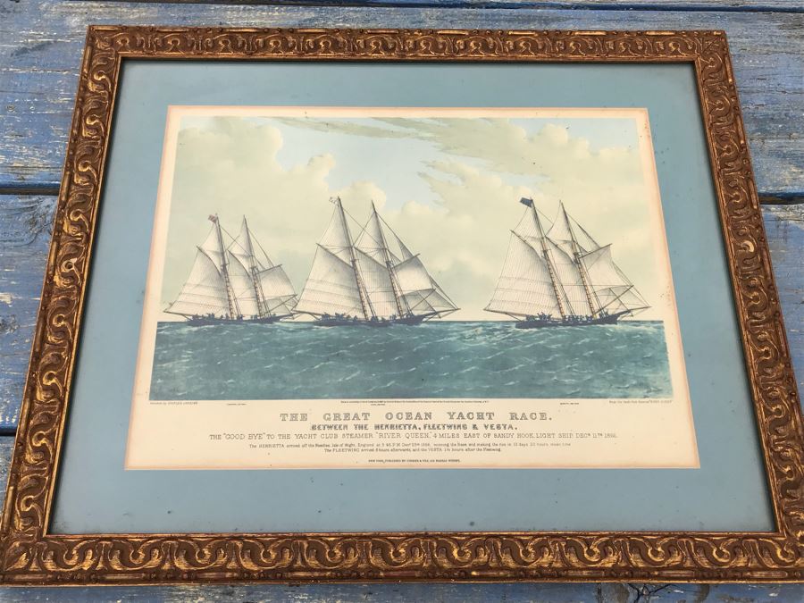 JUST ADDED - Vintage Framed Currier & Ives Print 'The Great Ocean Yacht Race.' 21' X 17' [Photo 1]