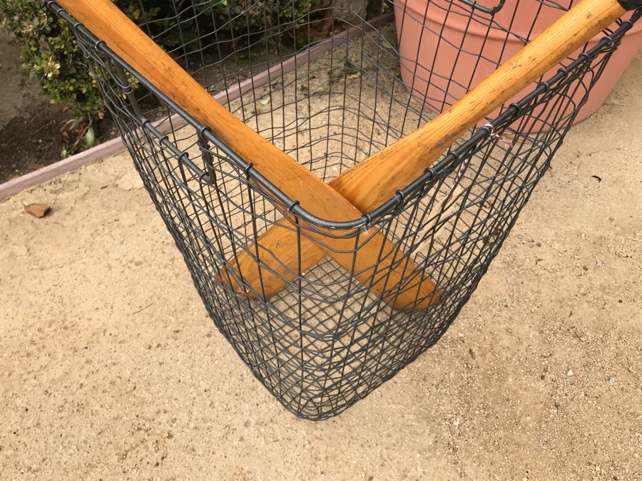 JUST ADDED - Pair Of Vintage Wooden Rowboat Paddles And Wire Industrial Basket Cabo Hamper [Photo 5]