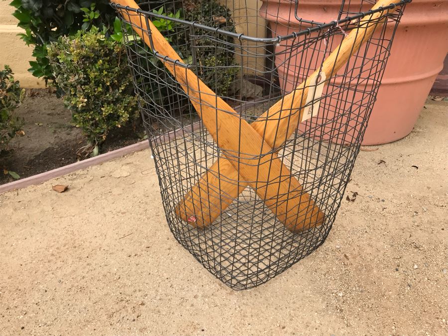 JUST ADDED - Pair Of Vintage Wooden Rowboat Paddles And Wire Industrial Basket Cabo Hamper [Photo 4]
