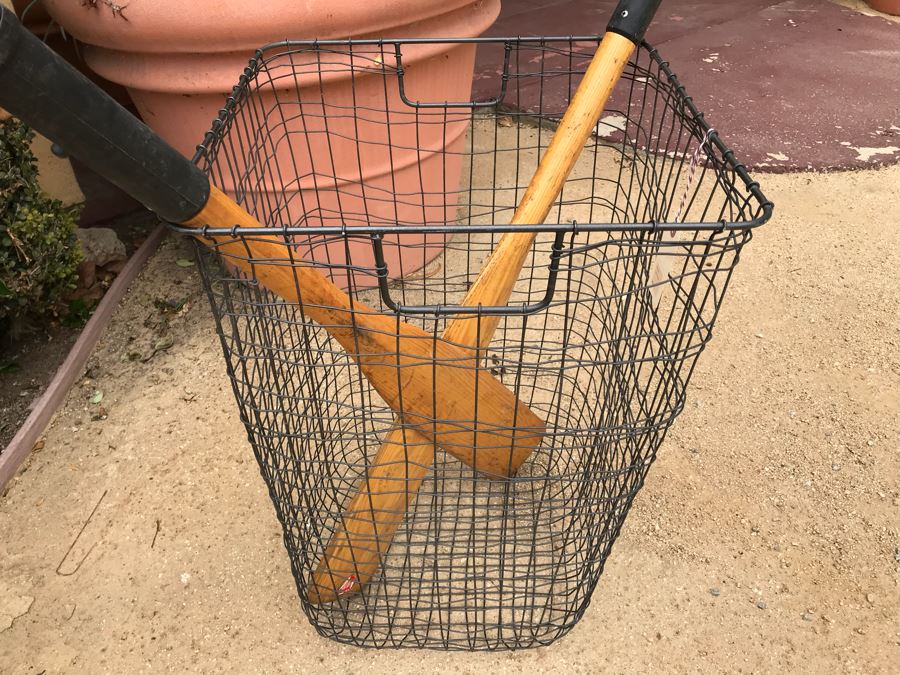JUST ADDED - Pair Of Vintage Wooden Rowboat Paddles And Wire Industrial Basket Cabo Hamper [Photo 8]