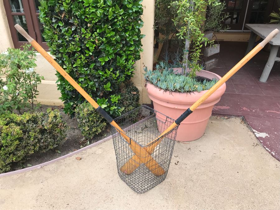 JUST ADDED - Pair Of Vintage Wooden Rowboat Paddles And Wire Industrial Basket Cabo Hamper [Photo 2]