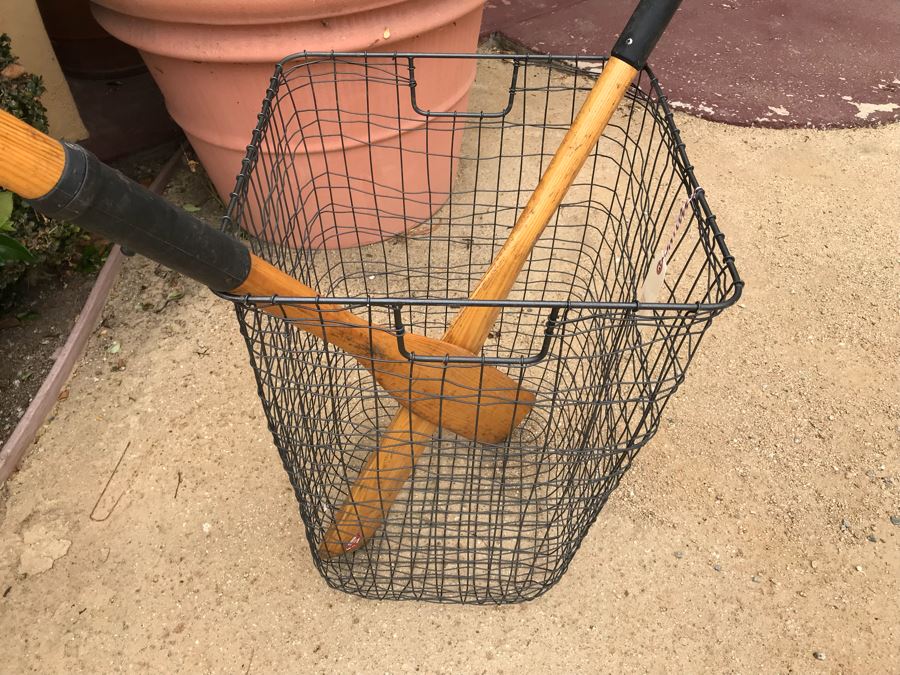 JUST ADDED - Pair Of Vintage Wooden Rowboat Paddles And Wire Industrial Basket Cabo Hamper [Photo 9]