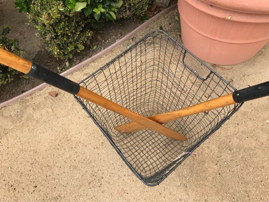 JUST ADDED - Pair Of Vintage Wooden Rowboat Paddles And Wire Industrial Basket Cabo Hamper [Photo 6]