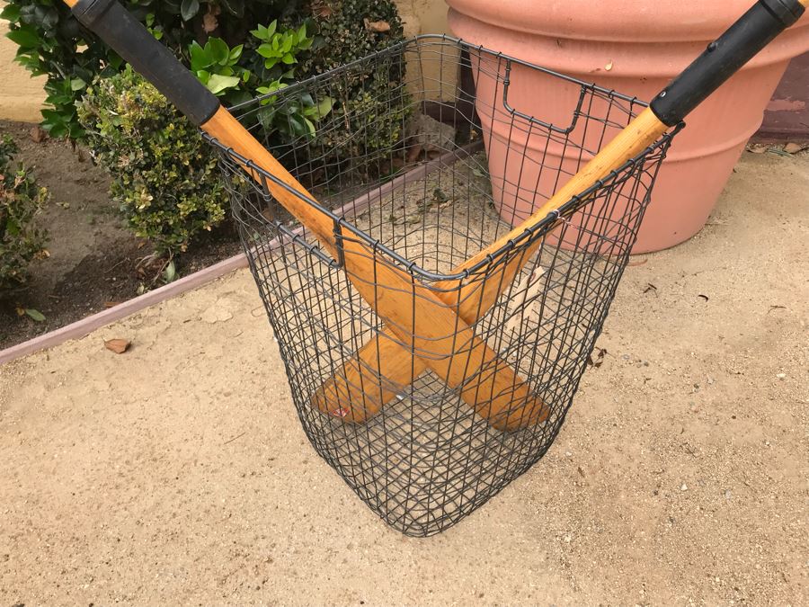 JUST ADDED - Pair Of Vintage Wooden Rowboat Paddles And Wire Industrial Basket Cabo Hamper [Photo 3]