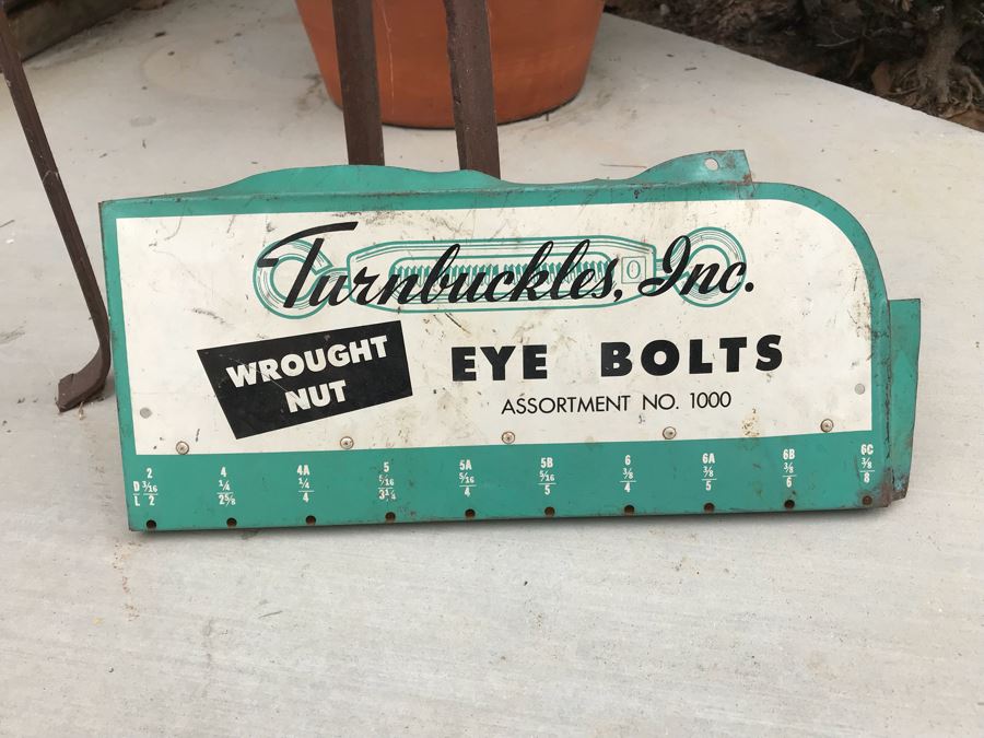 JUST ADDED - Metal Industrial Stand With Bucket (Great For Planter) And Old Turnbuckles, Inc. Eye Bolts Store Advertising Sign [Photo 5]