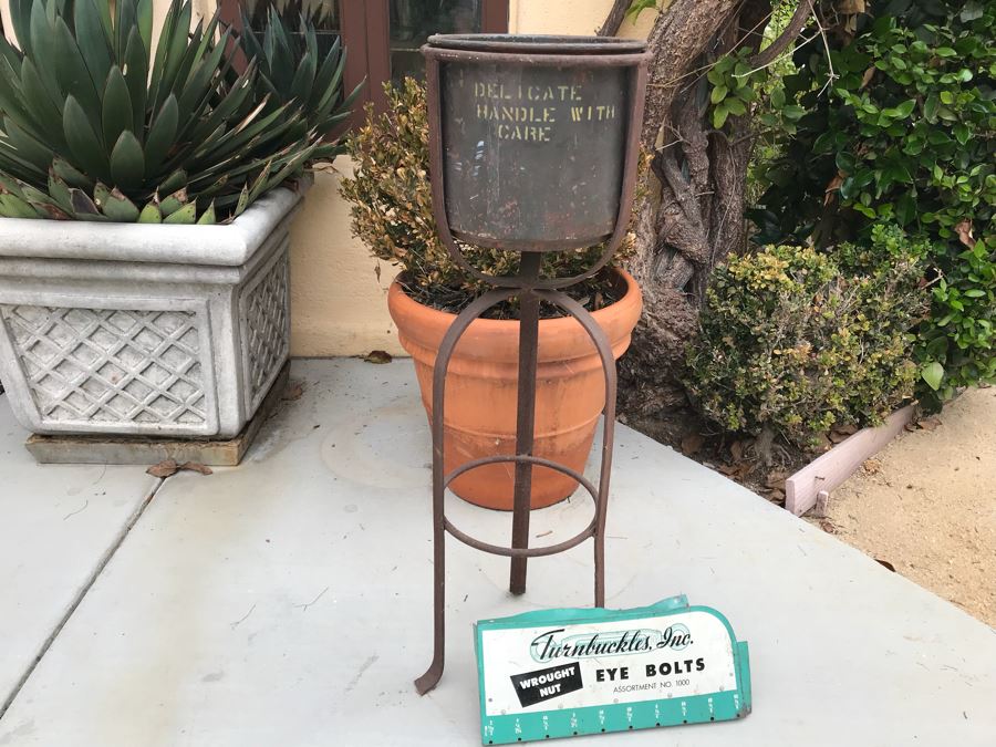 JUST ADDED - Metal Industrial Stand With Bucket (Great For Planter) And Old Turnbuckles, Inc. Eye Bolts Store Advertising Sign