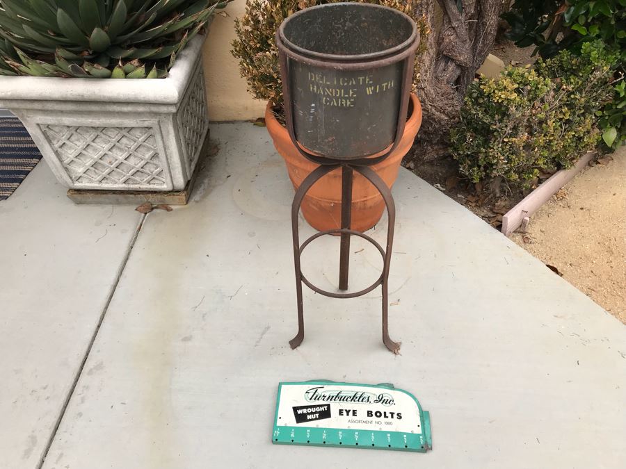 JUST ADDED - Metal Industrial Stand With Bucket (Great For Planter) And Old Turnbuckles, Inc. Eye Bolts Store Advertising Sign [Photo 8]