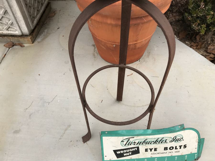 JUST ADDED - Metal Industrial Stand With Bucket (Great For Planter) And Old Turnbuckles, Inc. Eye Bolts Store Advertising Sign [Photo 4]