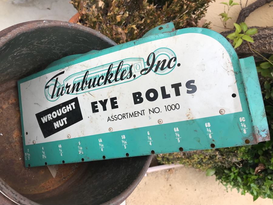 JUST ADDED - Metal Industrial Stand With Bucket (Great For Planter) And Old Turnbuckles, Inc. Eye Bolts Store Advertising Sign [Photo 11]