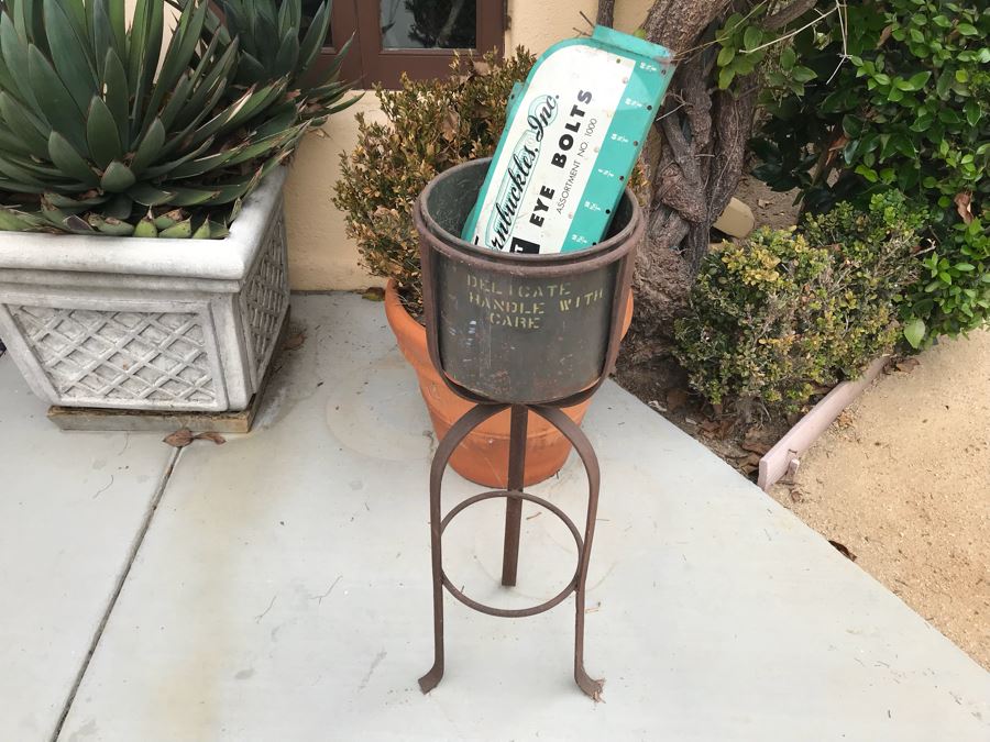 JUST ADDED - Metal Industrial Stand With Bucket (Great For Planter) And Old Turnbuckles, Inc. Eye Bolts Store Advertising Sign [Photo 10]