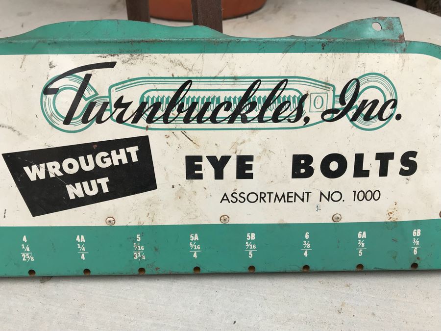 JUST ADDED - Metal Industrial Stand With Bucket (Great For Planter) And Old Turnbuckles, Inc. Eye Bolts Store Advertising Sign [Photo 6]