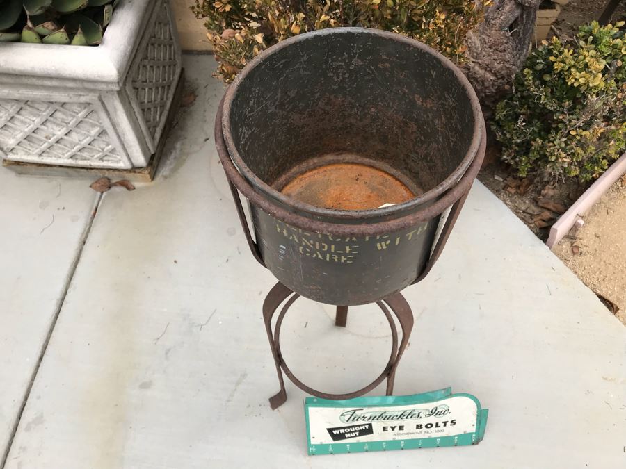 JUST ADDED - Metal Industrial Stand With Bucket (Great For Planter) And Old Turnbuckles, Inc. Eye Bolts Store Advertising Sign [Photo 2]