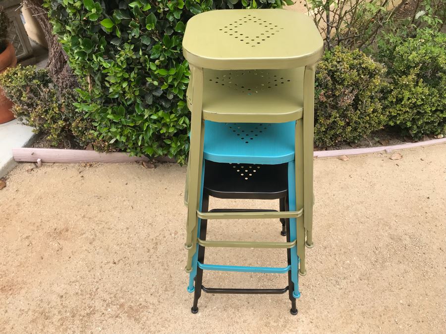 JUST ADDED - Set Of (4) Colored Metal Stackable Barstools [Photo 2]