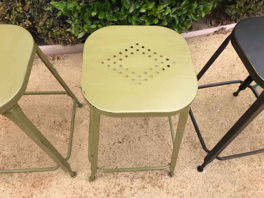 JUST ADDED - Set Of (4) Colored Metal Stackable Barstools [Photo 5]