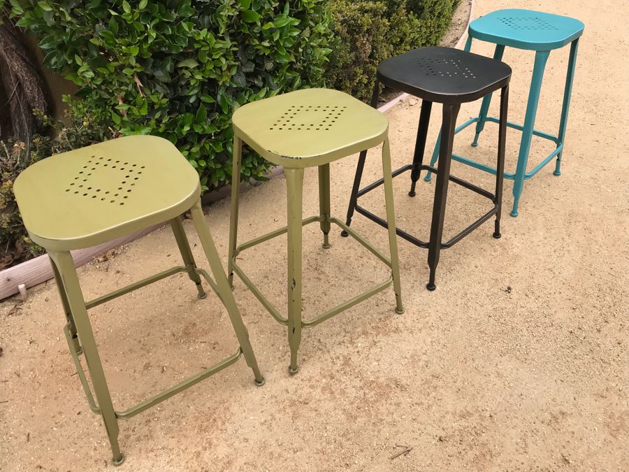 JUST ADDED - Set Of (4) Colored Metal Stackable Barstools [Photo 4]