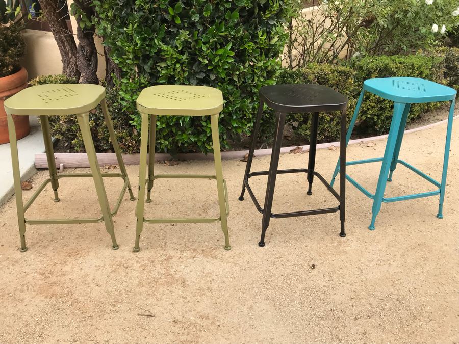 JUST ADDED - Set Of (4) Colored Metal Stackable Barstools [Photo 1]