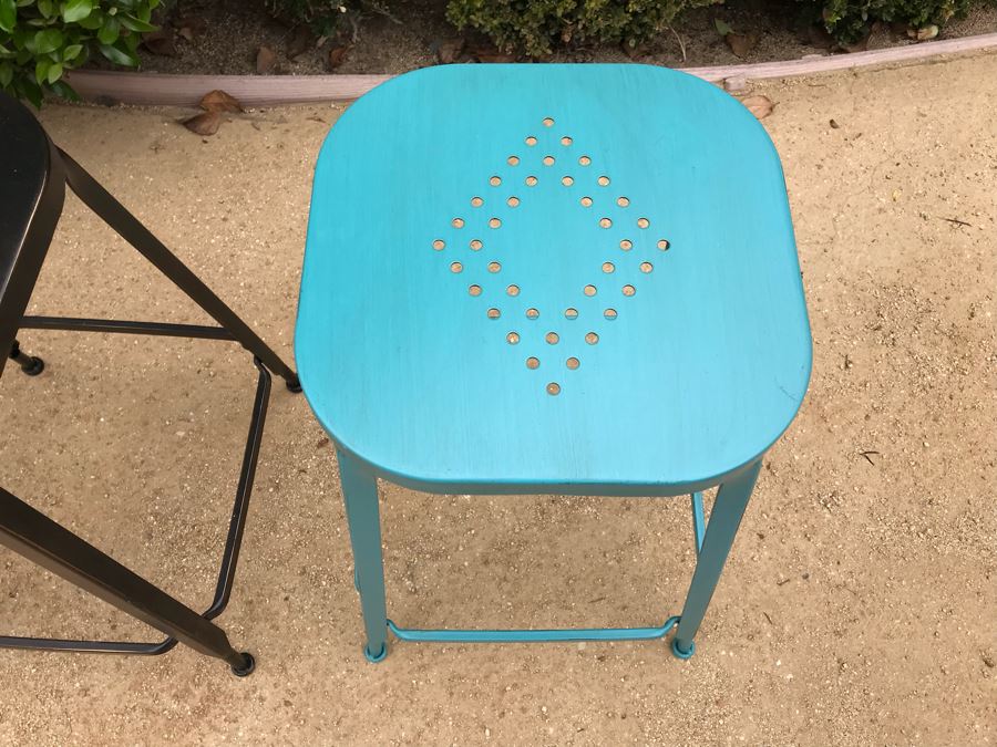 JUST ADDED - Set Of (4) Colored Metal Stackable Barstools [Photo 6]