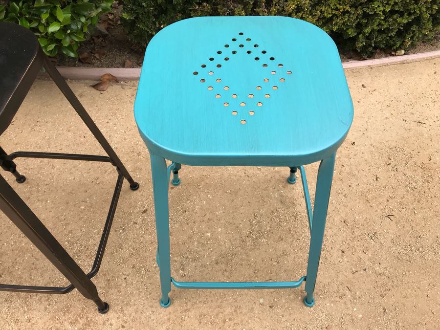 JUST ADDED - Set Of (4) Colored Metal Stackable Barstools [Photo 7]