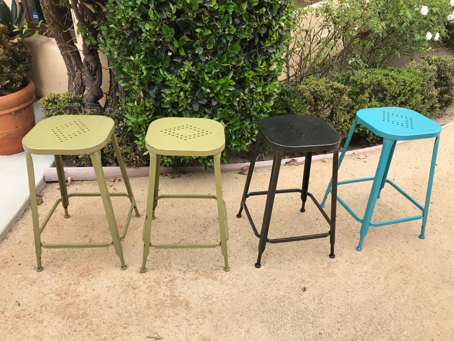 JUST ADDED - Set Of (4) Colored Metal Stackable Barstools [Photo 3]