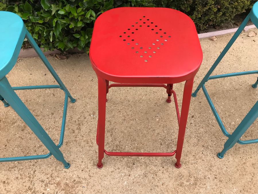 JUST ADDED - Set Of (4) Colored Metal Stackable Barstools [Photo 5]