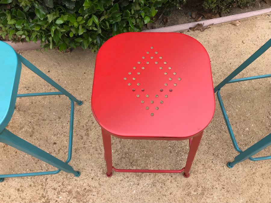 JUST ADDED - Set Of (4) Colored Metal Stackable Barstools [Photo 6]