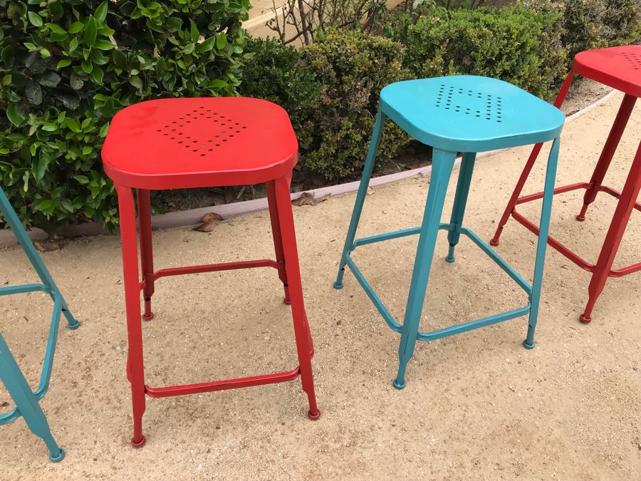 JUST ADDED - Set Of (4) Colored Metal Stackable Barstools [Photo 7]